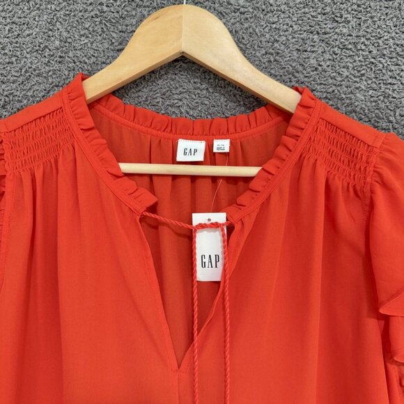 GAP Ruffle Sleeve Smock Shoulder split-neck orange pop blouse XL - Picture 4 of 8